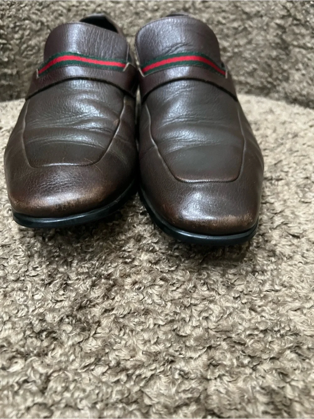 Men's Brown Leather Loafers with Red & Green Accent Gucci Sz 7.5 d